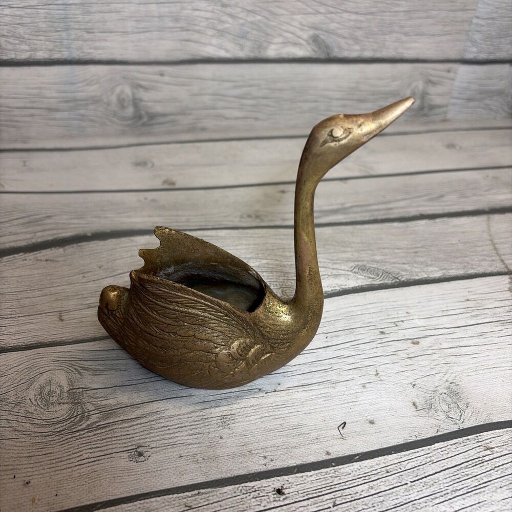 Vintage Mini Brass Swan Goose Paper Weight Trinket Dish